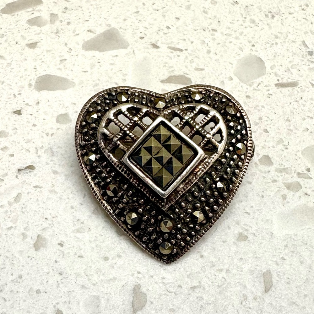 Adorable Vintage Heart-Shaped Mini Sterling Silver and Marcasite Brooch